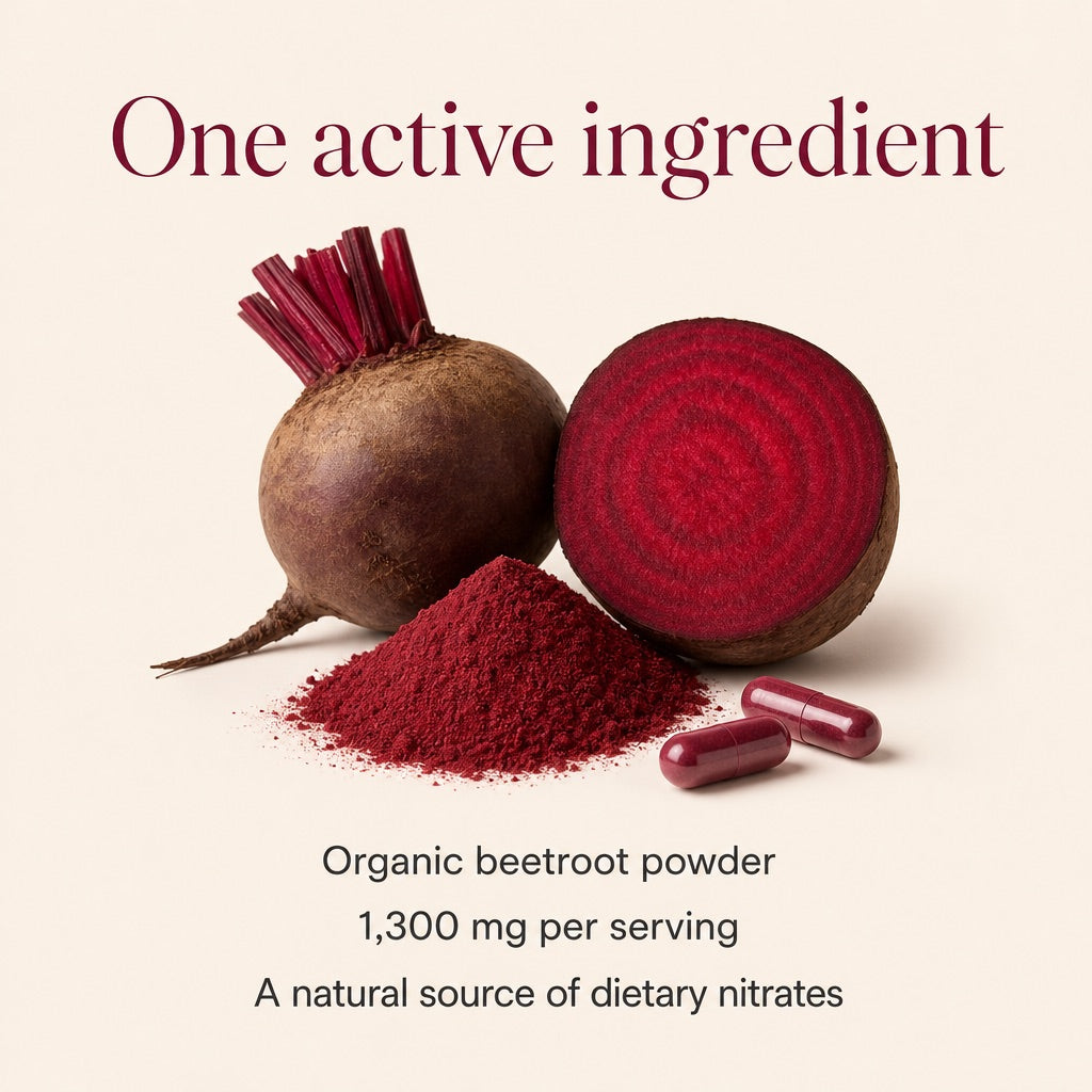Whole and sliced beetroot with beetroot powder and two red capsules