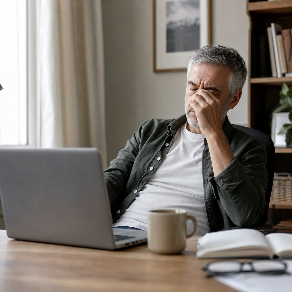 Man in his 60s at his desk in the afternoon, low on energy