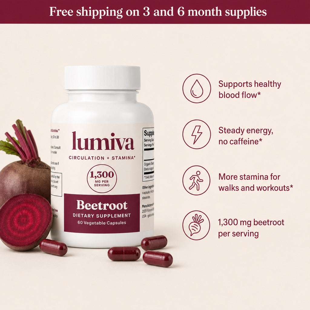 Lumiva Beetroot bottle with capsules, beets and four benefits