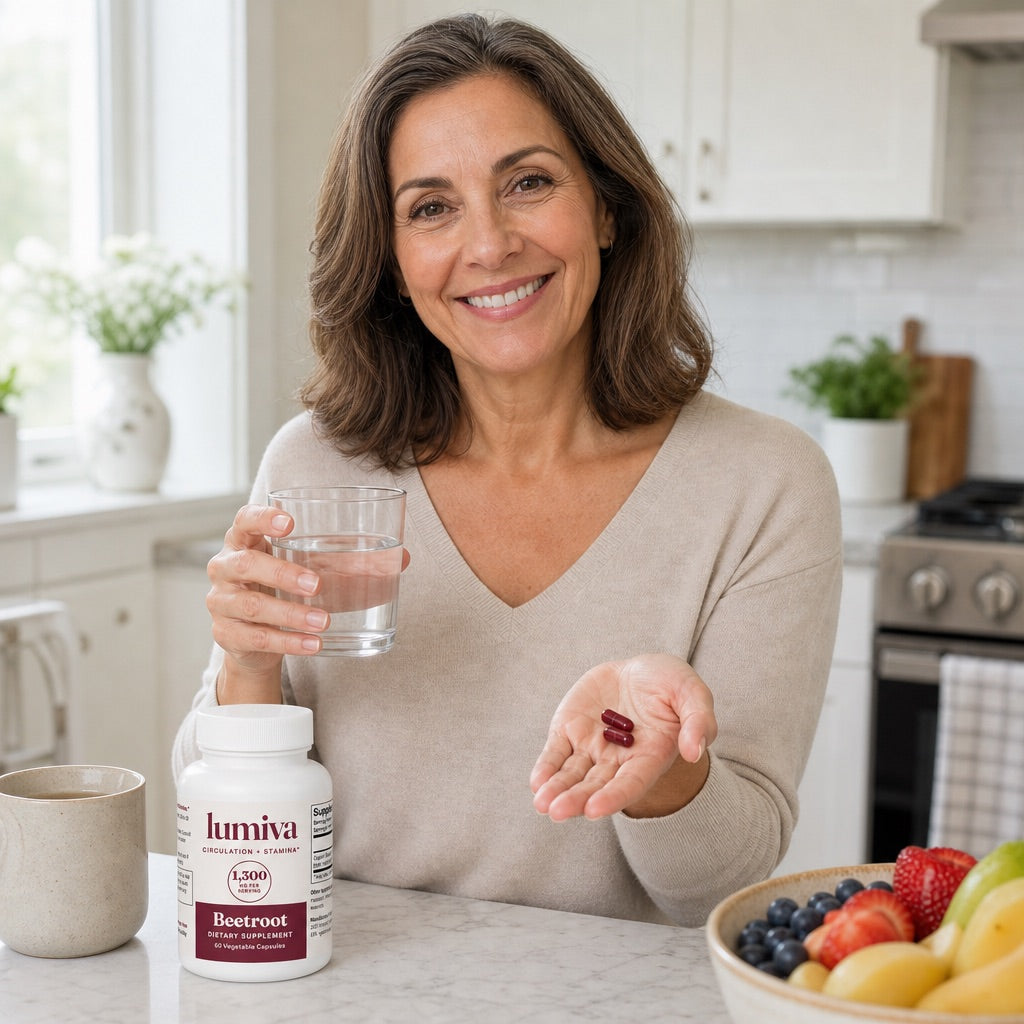 Woman taking Lumiva beetroot capsules with water in her kitchen